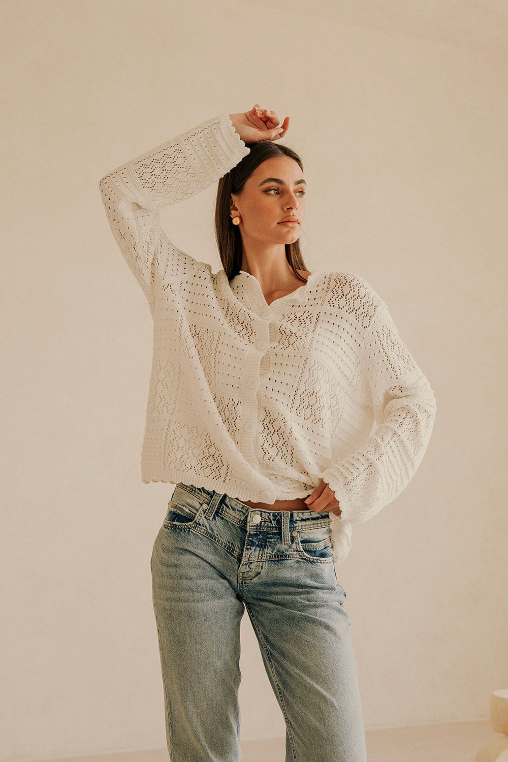 Saffron Crochet Knit Cardigan Top – White