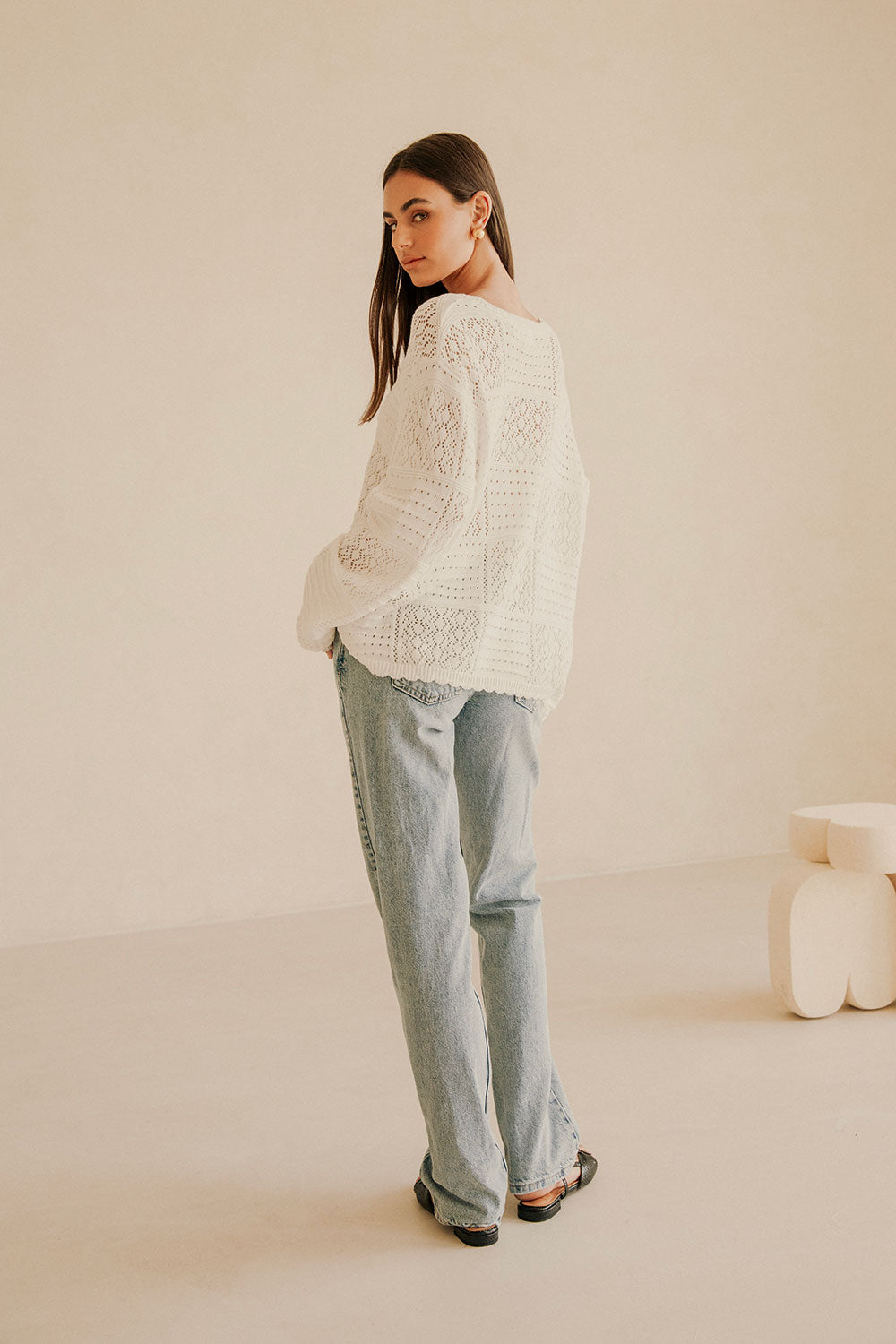 Saffron Crochet Knit Cardigan Top – White