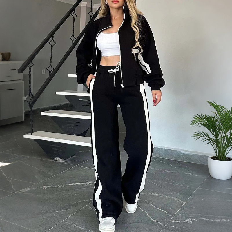 Saskia Striped Sporty Two-Piece Set – Matching Athleisure Co-ord Outfit – Black