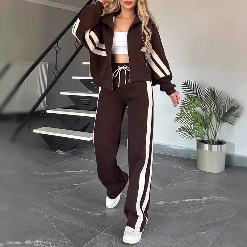 Saskia Striped Sporty Two-Piece Set – Matching Athleisure Co-ord Outfit – Brown