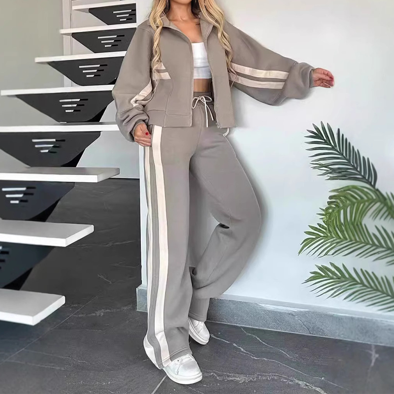 Saskia Striped Sporty Two-Piece Set – Matching Athleisure Co-ord Outfit – Grey