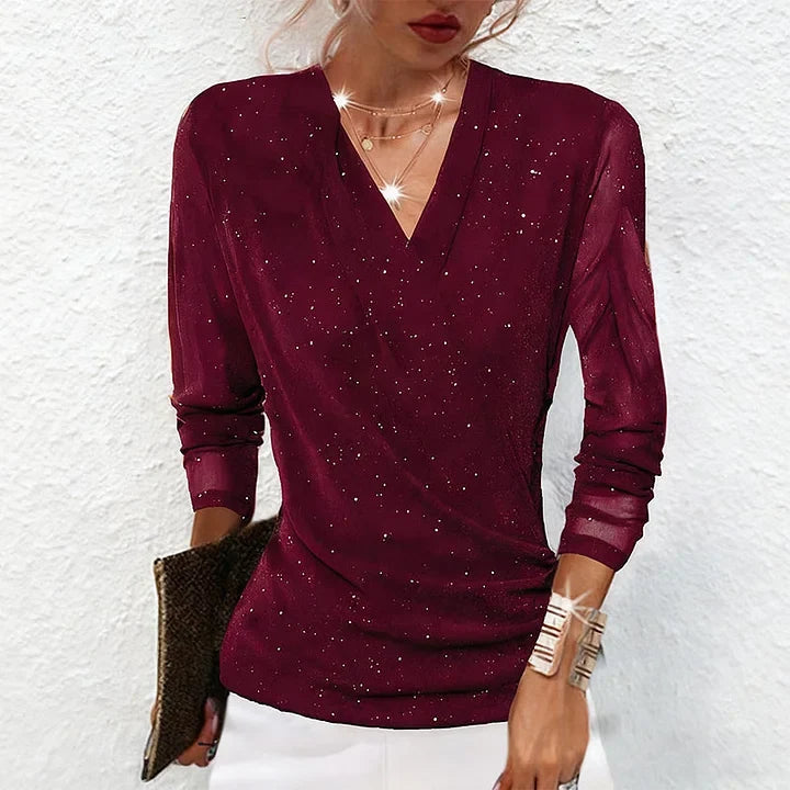 Serafina V-Neck Draped Blouse – Subtle Sheen Long Sleeve Elegant Top – Red