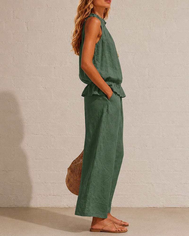 Seraphina Two-Piece Set – Sleeveless Ruffle Top and Wide-Leg Trousers - Army Green