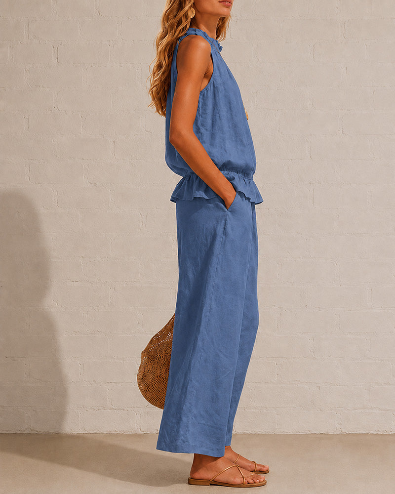 Seraphina Two-Piece Set – Sleeveless Ruffle Top and Wide-Leg Trousers - Blue