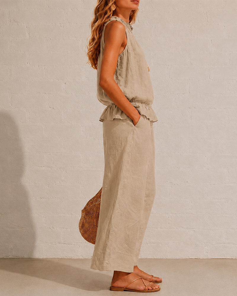 Seraphina Two-Piece Set – Sleeveless Ruffle Top and Wide-Leg Trousers - Khaki