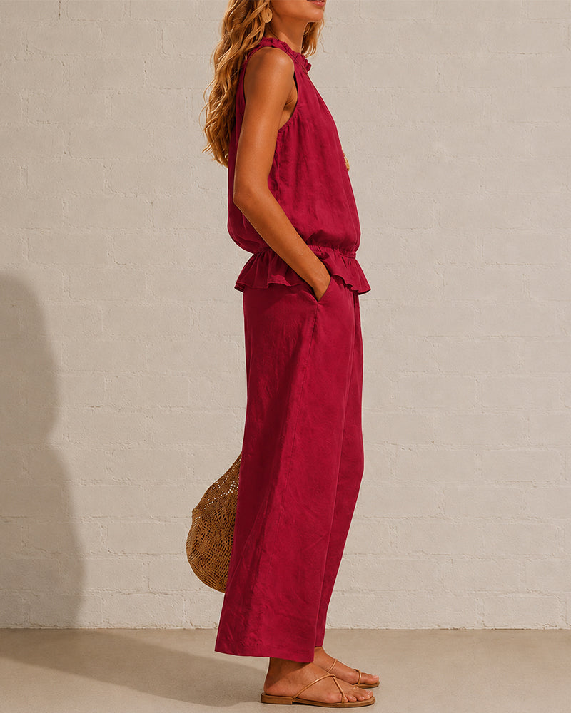Seraphina Two-Piece Set – Sleeveless Ruffle Top and Wide-Leg Trousers - Red
