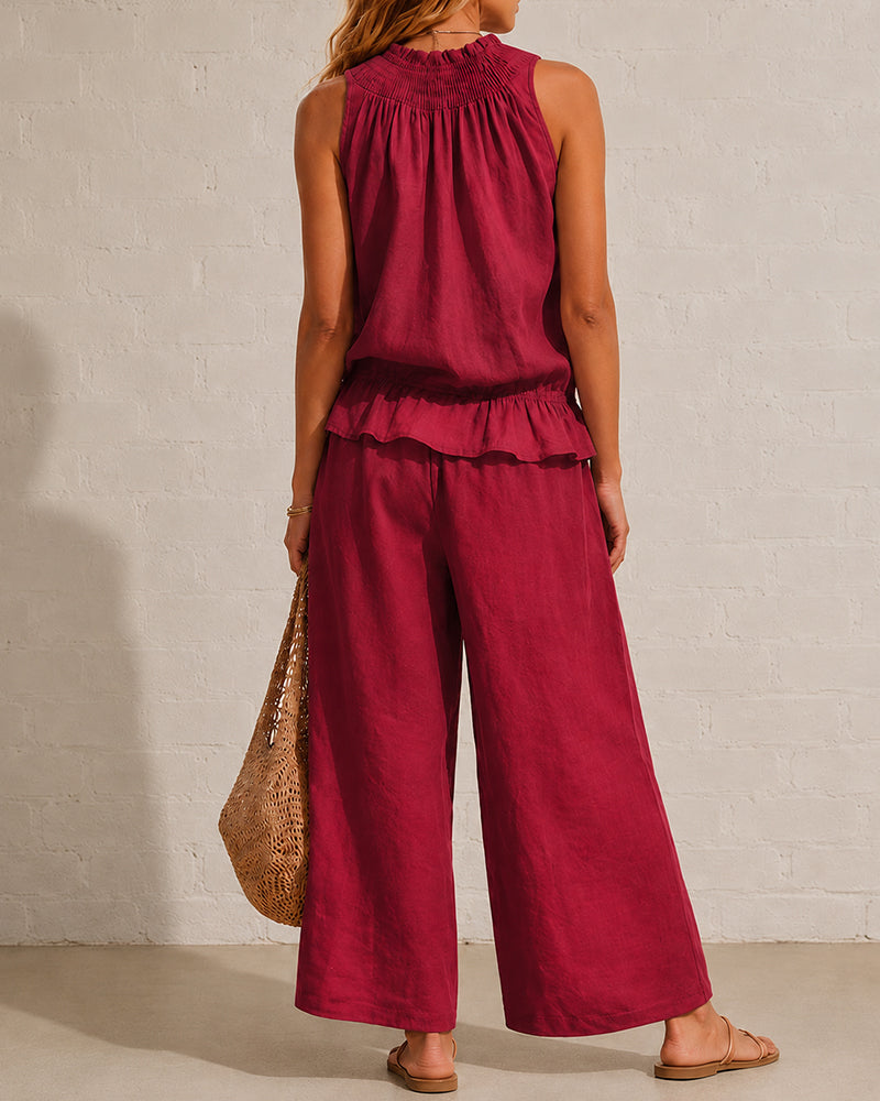 Seraphina Two-Piece Set – Sleeveless Ruffle Top and Wide-Leg Trousers - Red