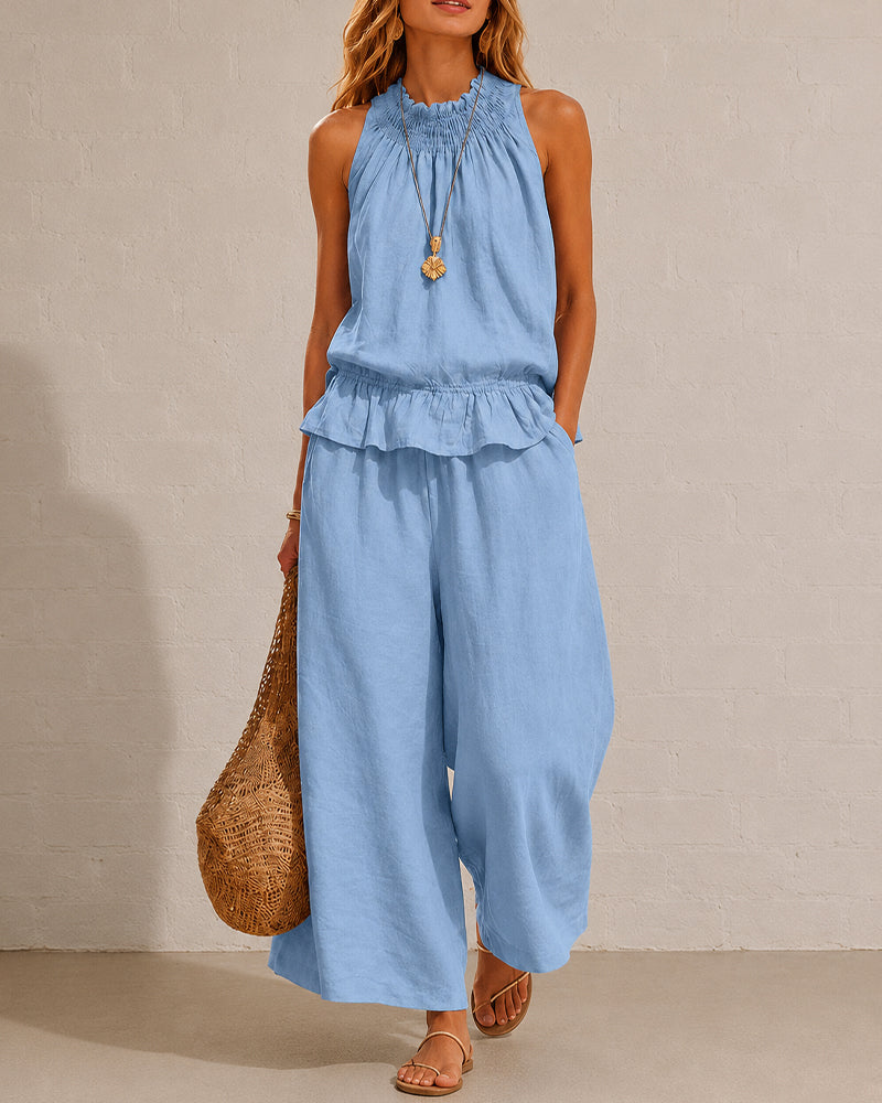 Seraphina Two-Piece Set – Sleeveless Ruffle Top and Wide-Leg Trousers - Sky Blue