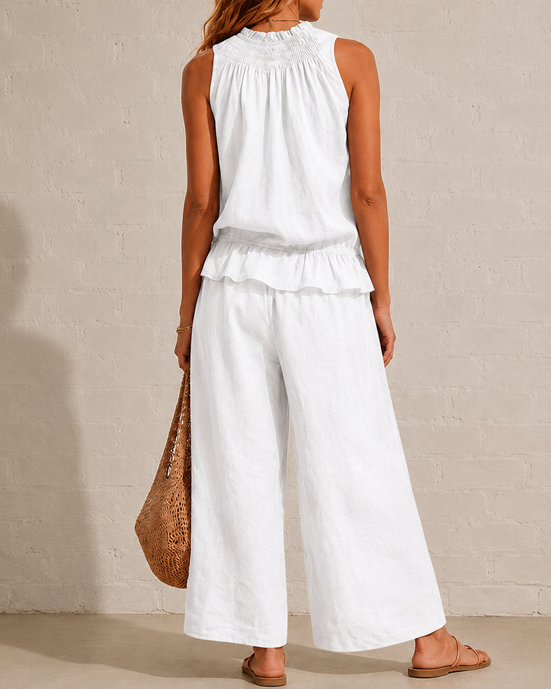 Seraphina Two-Piece Set – Sleeveless Ruffle Top and Wide-Leg Trousers - White