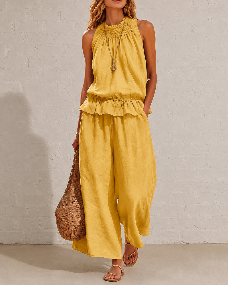 Seraphina Two-Piece Set – Sleeveless Ruffle Top and Wide-Leg Trousers - Yellow