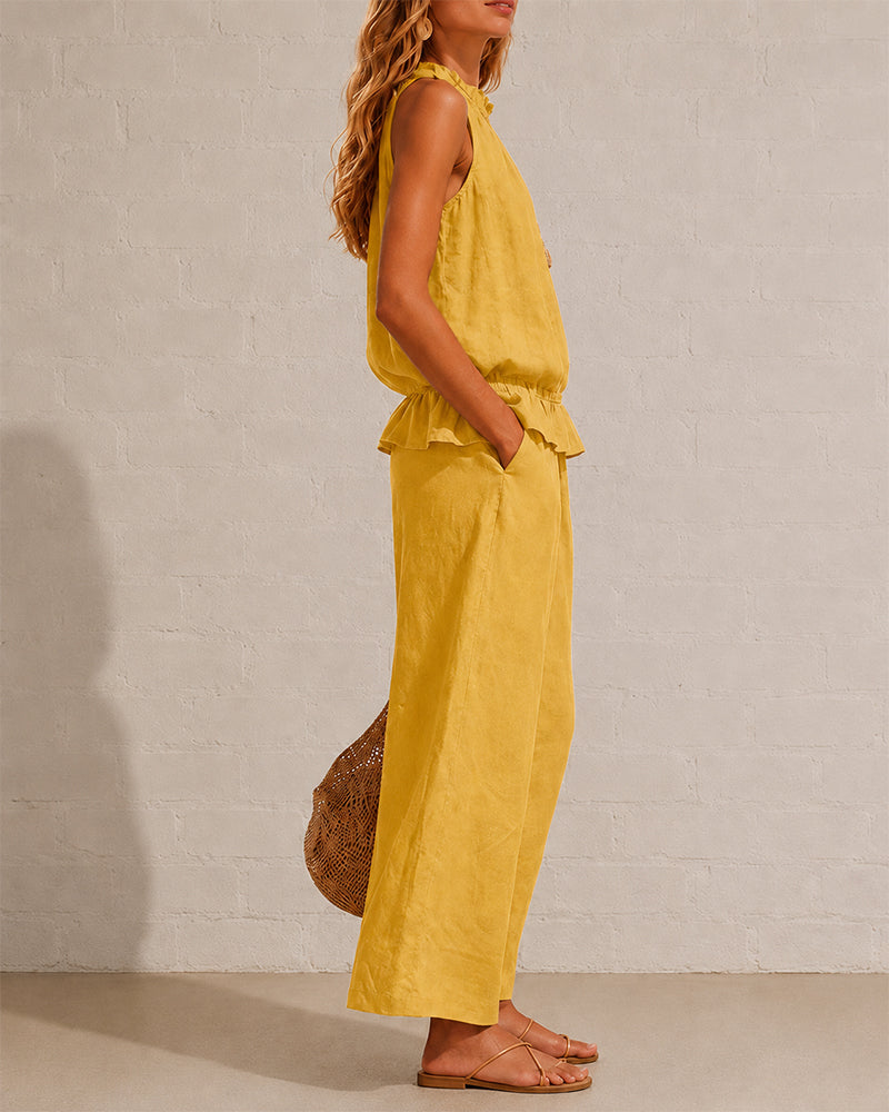 Seraphina Two-Piece Set – Sleeveless Ruffle Top and Wide-Leg Trousers - Yellow