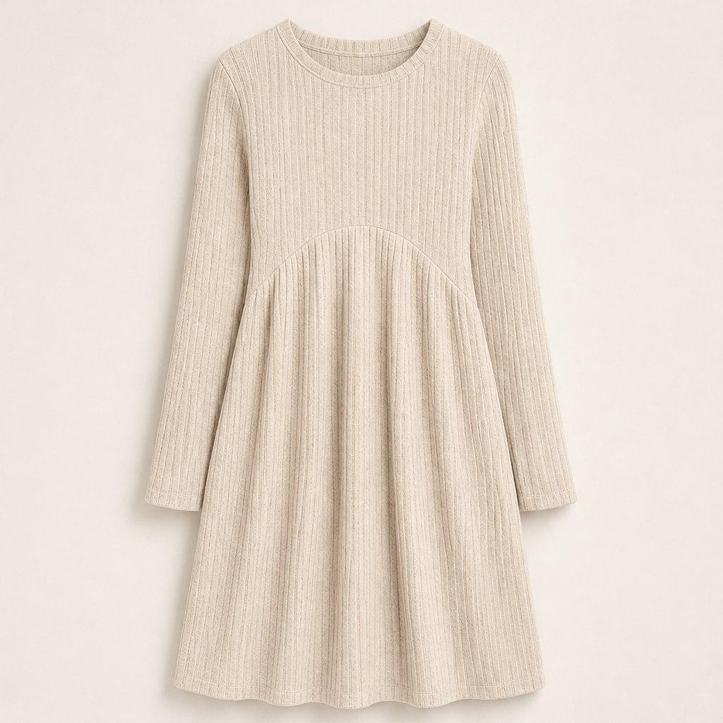 Seraphine Ribbed Midi Dress – A-Line Long Sleeve Side Pockets Beige