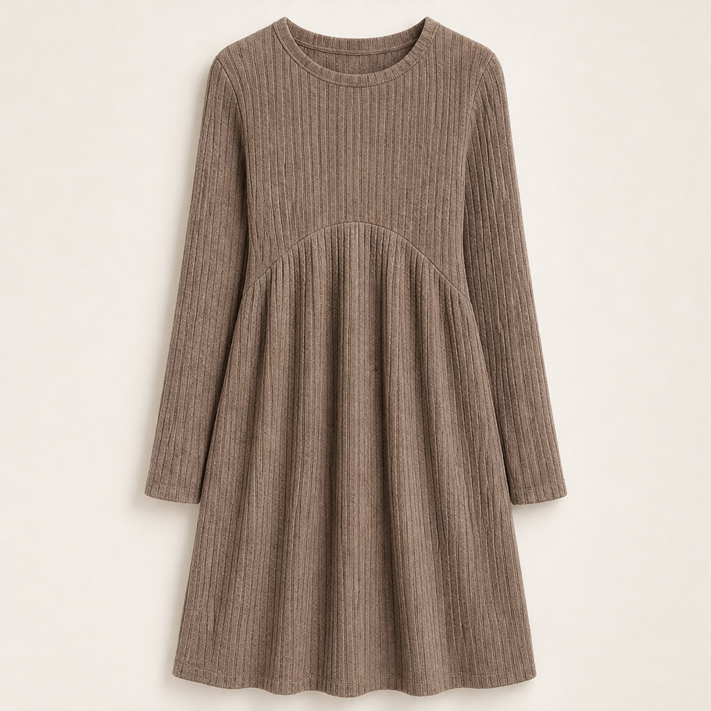 Seraphine Ribbed Midi Dress – A-Line Long Sleeve Side Pockets Brown