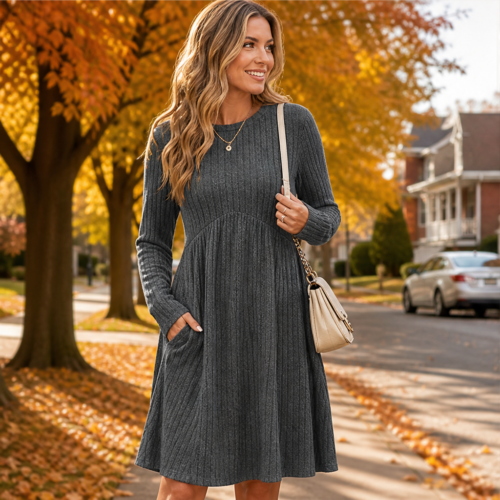 Seraphine Ribbed Midi Dress – A-Line Long Sleeve Side Pockets Grey