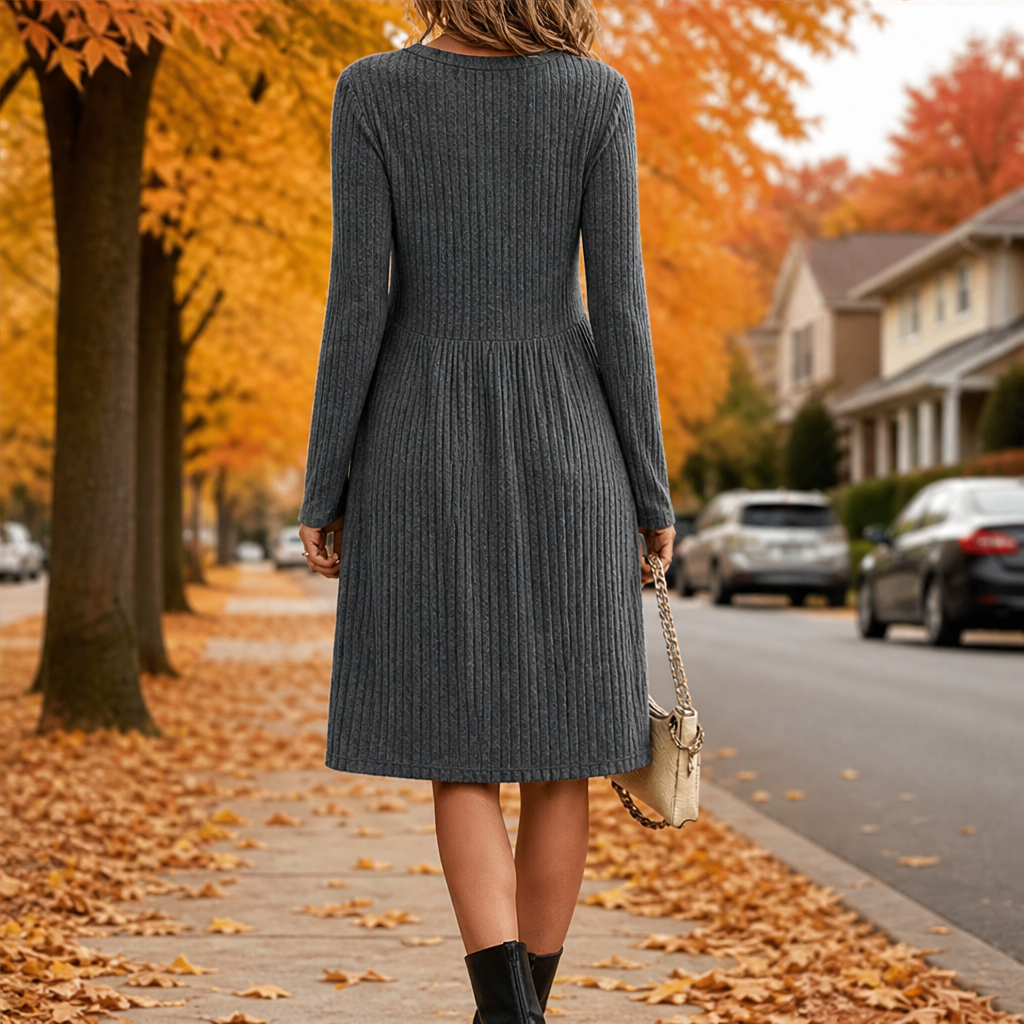 Seraphine Ribbed Midi Dress – A-Line Long Sleeve Side Pockets Grey