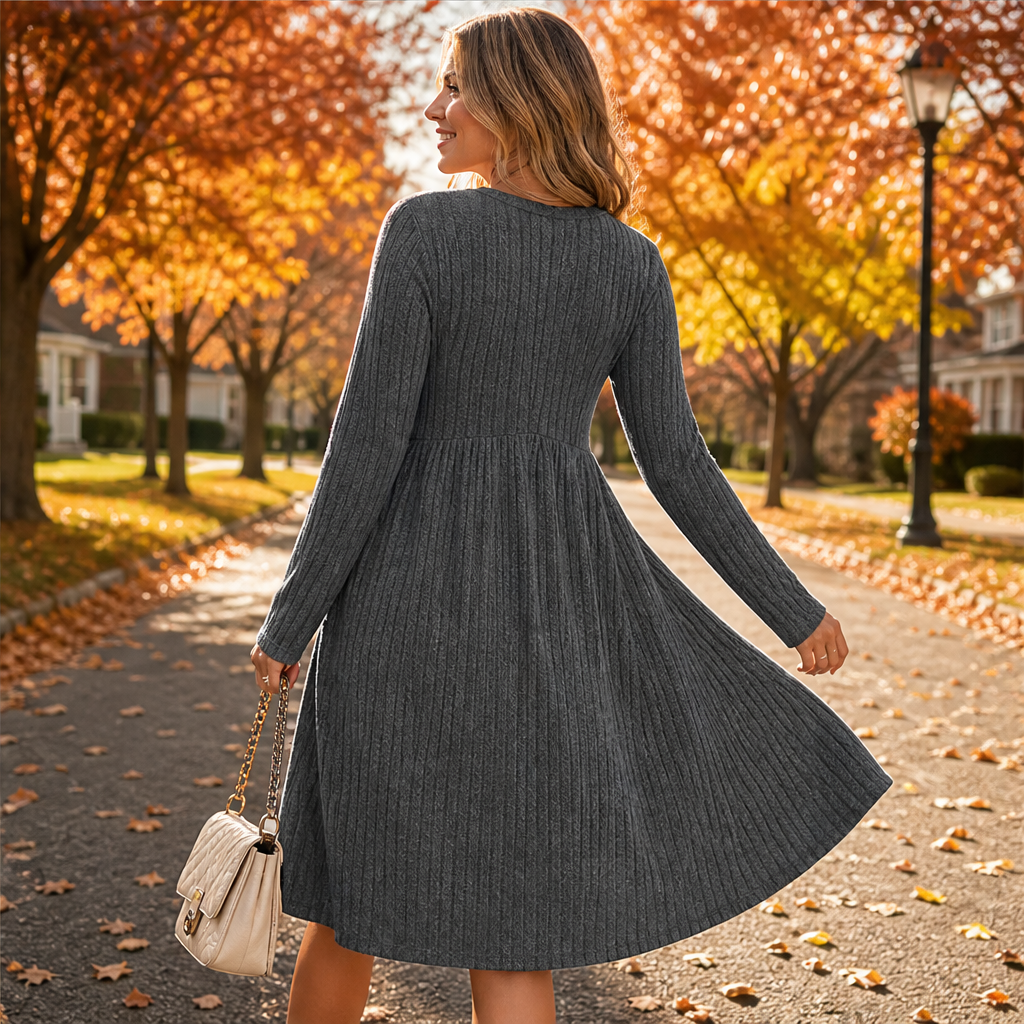 Seraphine Ribbed Midi Dress – A-Line Long Sleeve Side Pockets Grey