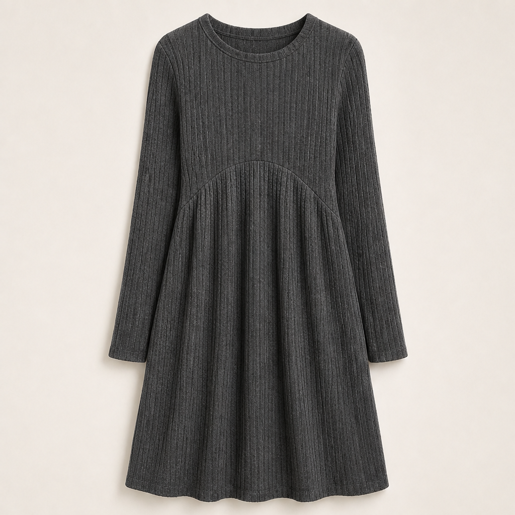 Seraphine Ribbed Midi Dress – A-Line Long Sleeve Side Pockets Grey