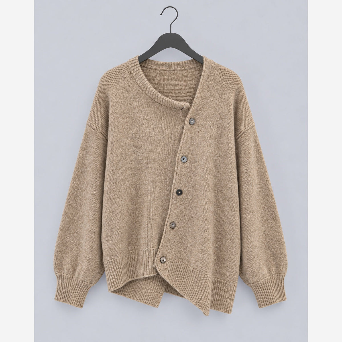 Severine Asymmetric Button Cardigan – Women's Crew Neck Balloon Sleeve Knit Sweater