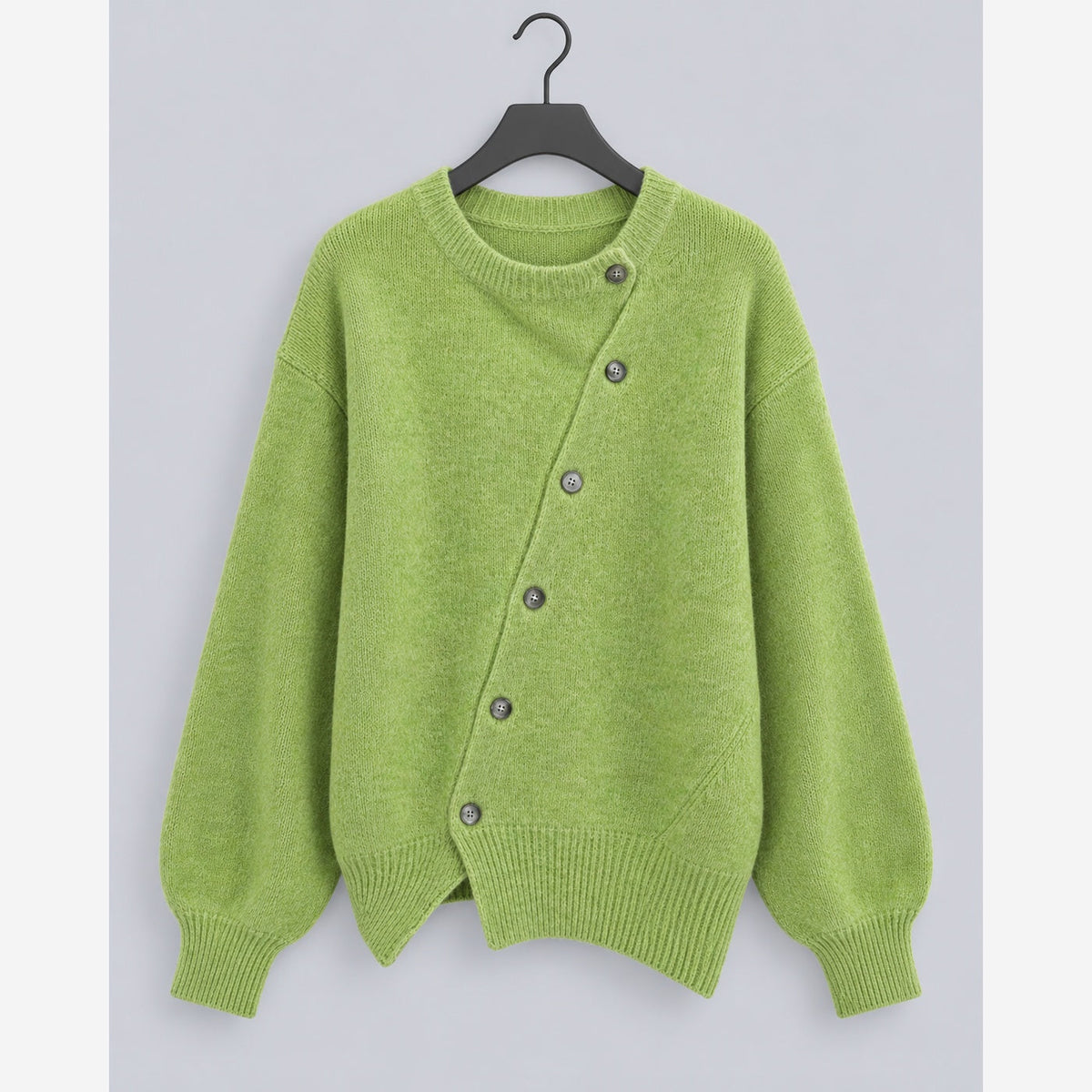 Severine Asymmetric Button Cardigan – Women's Crew Neck Balloon Sleeve Knit Sweater