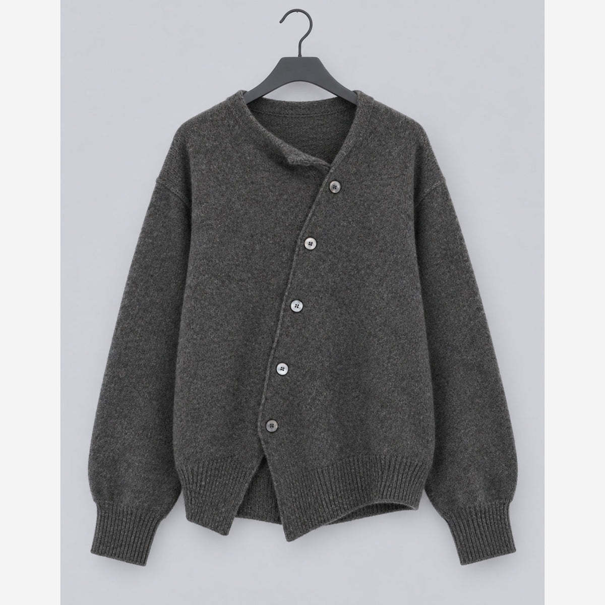 Severine Asymmetric Button Cardigan – Women's Crew Neck Balloon Sleeve Knit Sweater