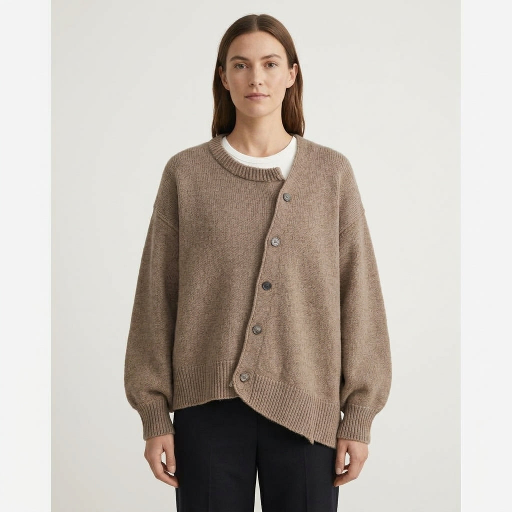 Severine Asymmetric Button Cardigan – Camel