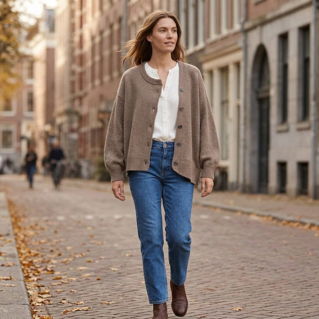 Severine Asymmetric Button Cardigan – Camel