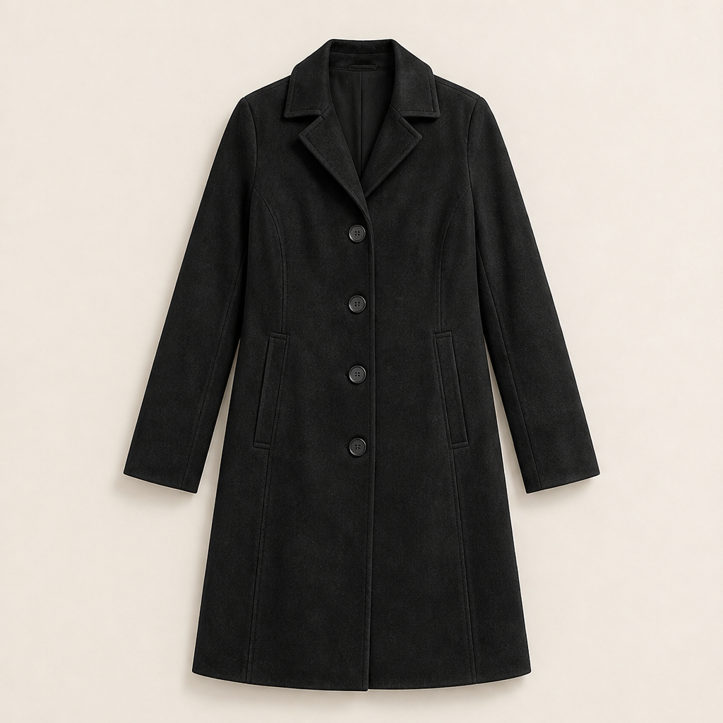 Dorvelli | Siena Brushed Longline Coat – Single-Breasted Lapel Collar Knee Length – Black
