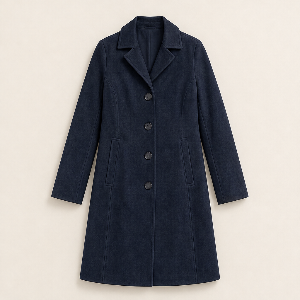Dorvelli | Siena Brushed Longline Coat – Single-Breasted Lapel Collar Knee Length – Navy