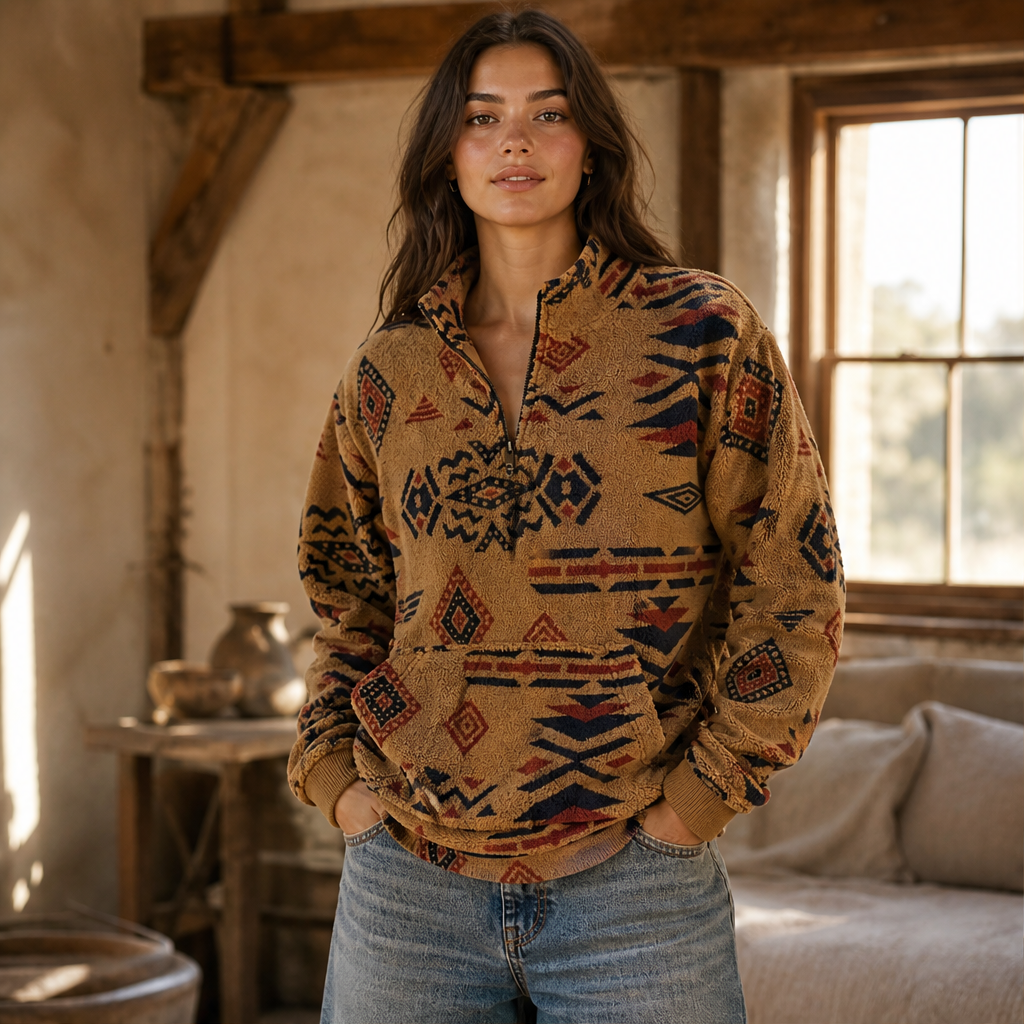Sienna Half-Zip Sweatshirt – Aztec Print Stand Collar Kangaroo Pocket