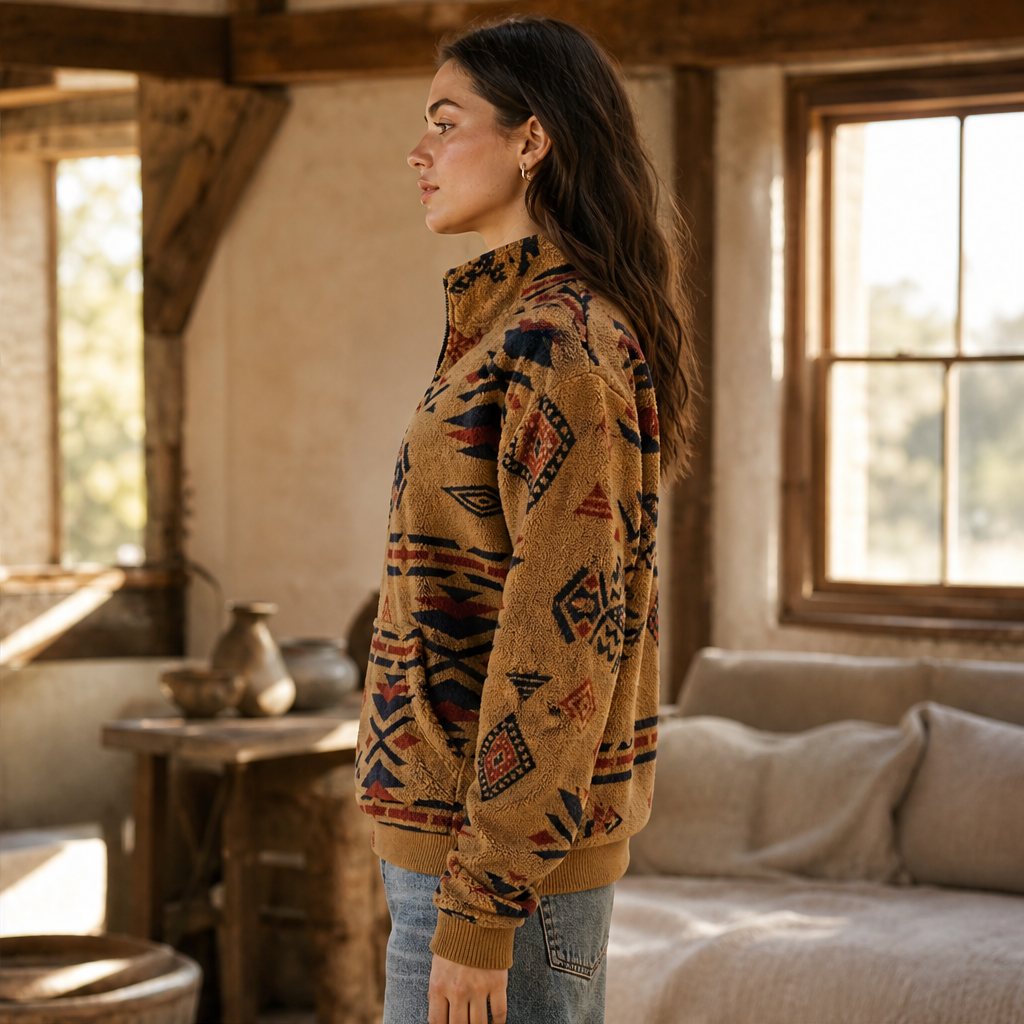 Sienna Half-Zip Sweatshirt – Aztec Print Stand Collar Kangaroo Pocket