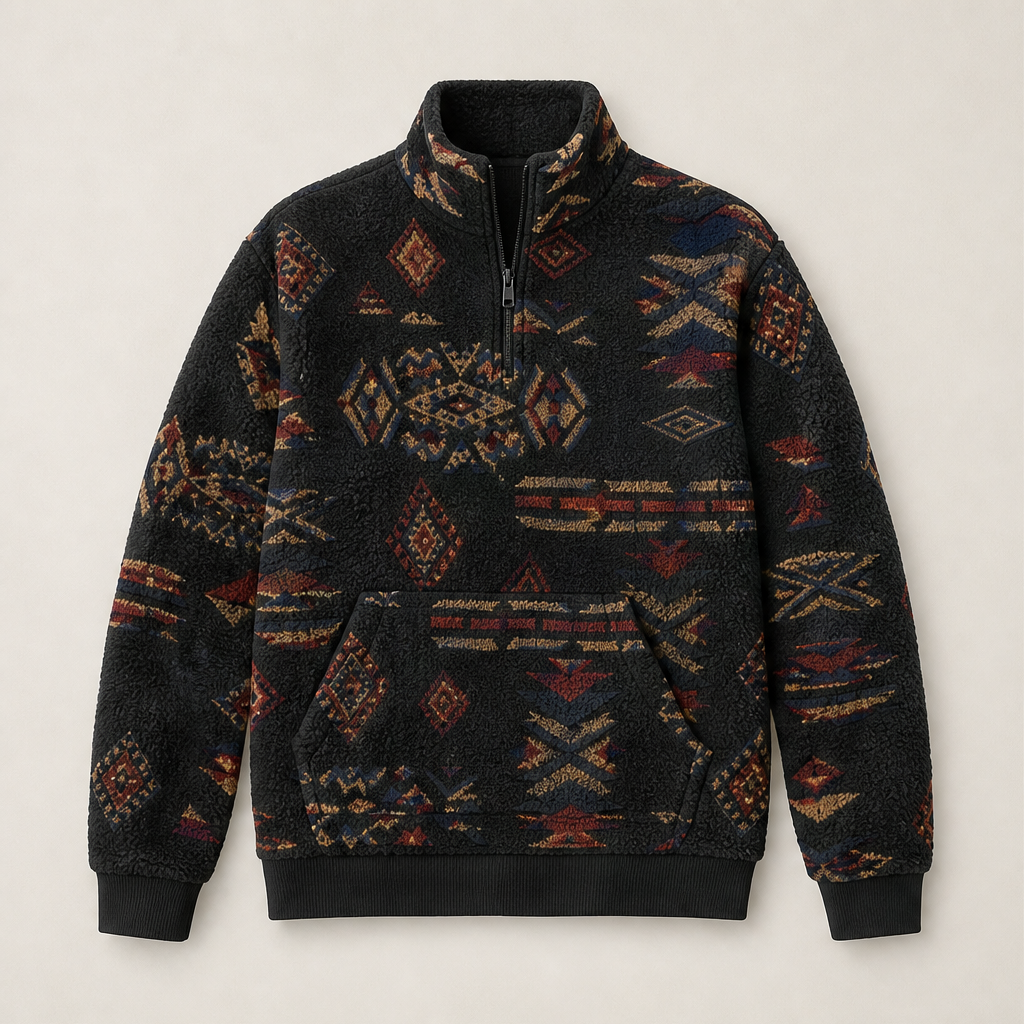 Sienna Half-Zip Sweatshirt – Aztec Print Stand Collar Kangaroo Pocket – Black