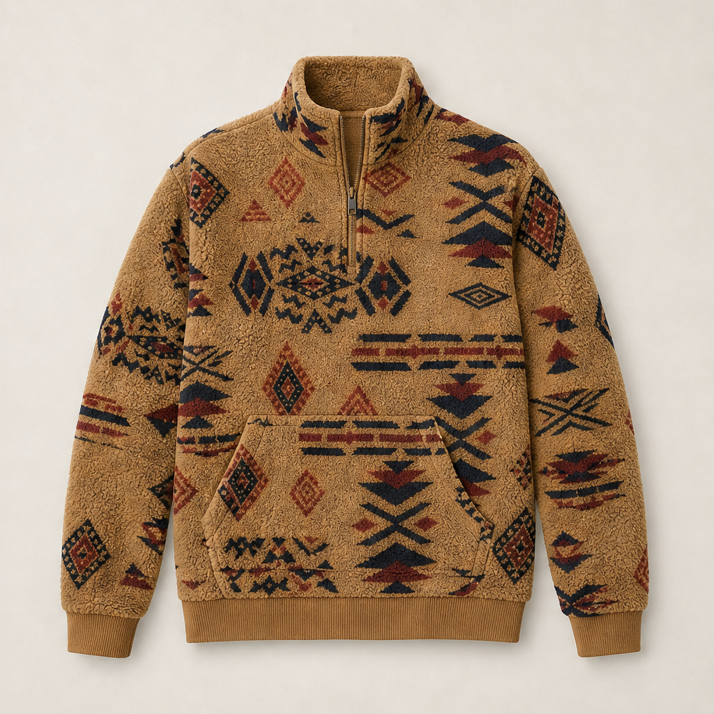 Sienna Half-Zip Sweatshirt – Aztec Print Stand Collar Kangaroo Pocket – Camel