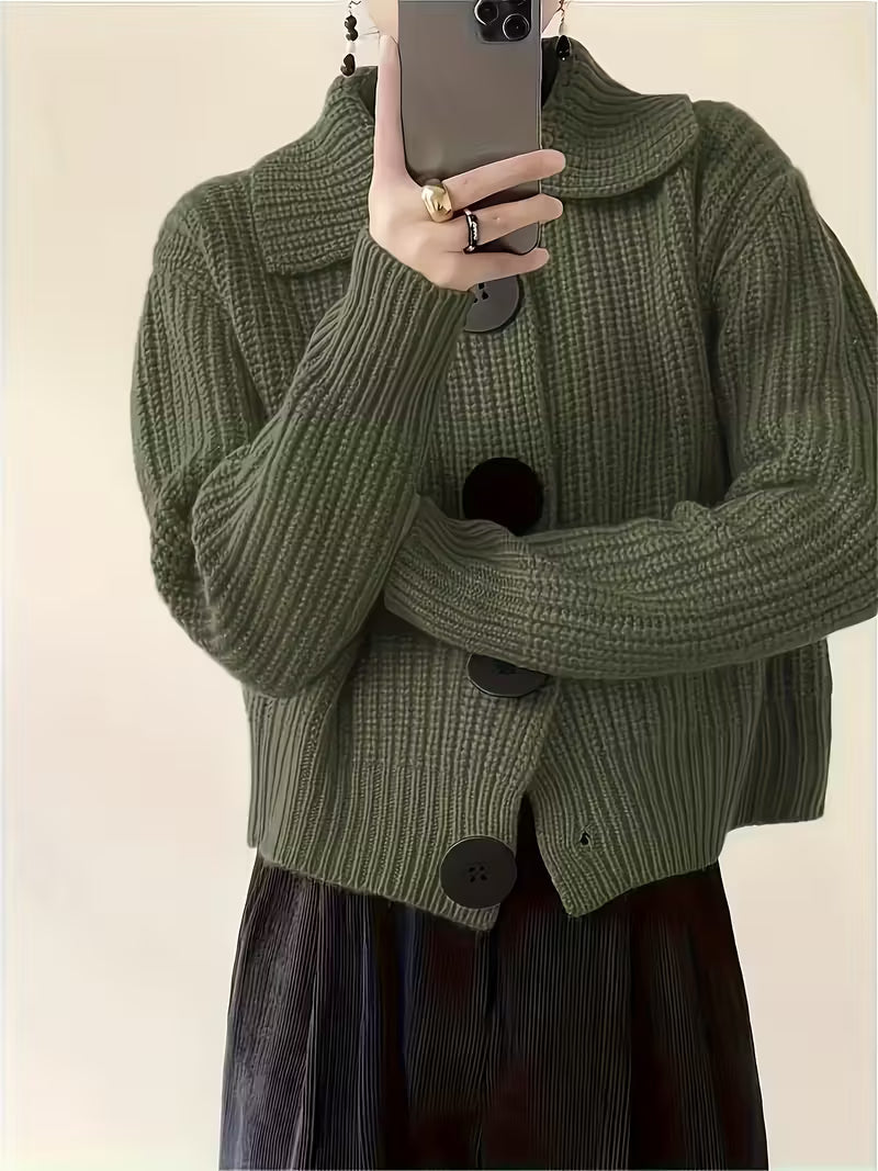 Sigrid Chunky Knit Cardigan – Oversized Button Front Round Neck Ribbed Cuffs