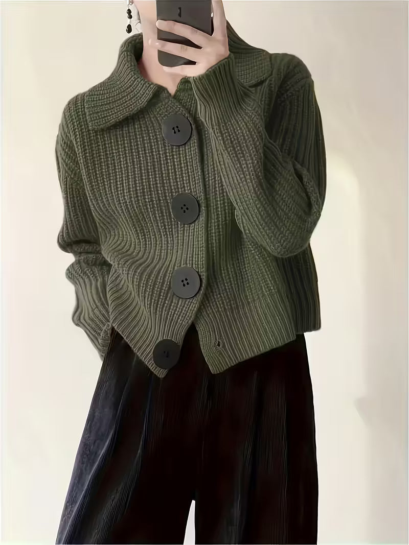 Sigrid Chunky Knit Cardigan – Oversized Button Front Round Neck Ribbed Cuffs – Green