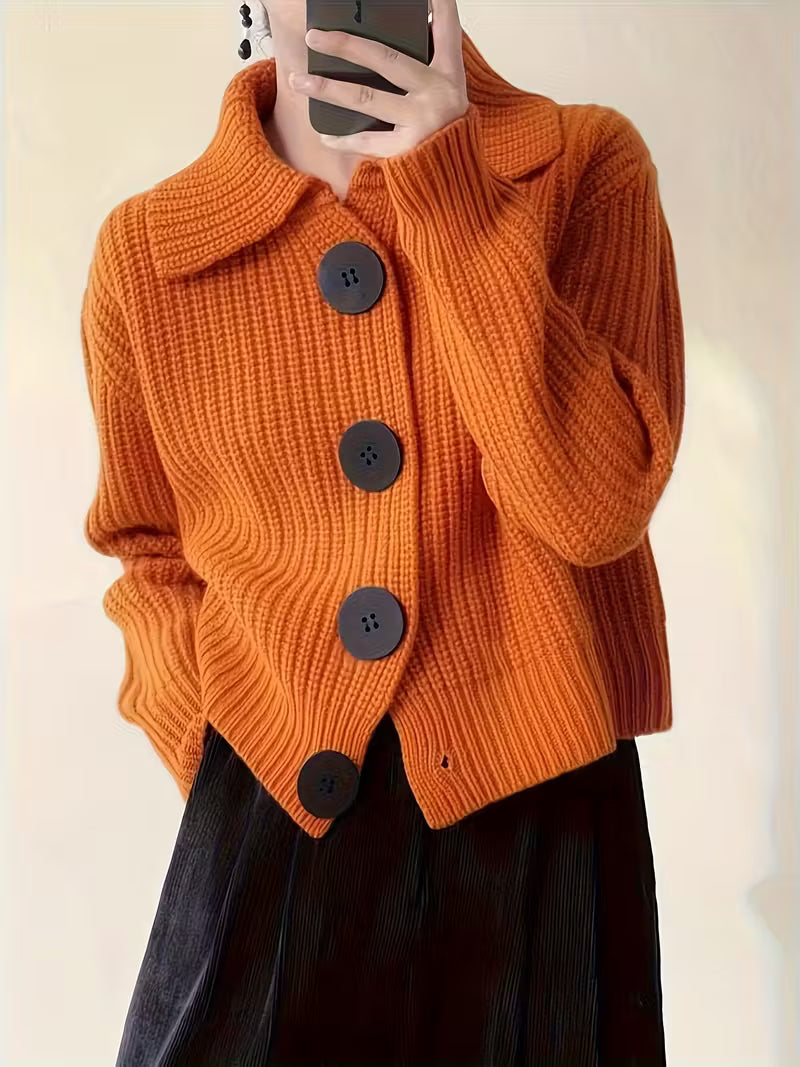 Sigrid Chunky Knit Cardigan – Oversized Button Front Round Neck Ribbed Cuffs – Orange