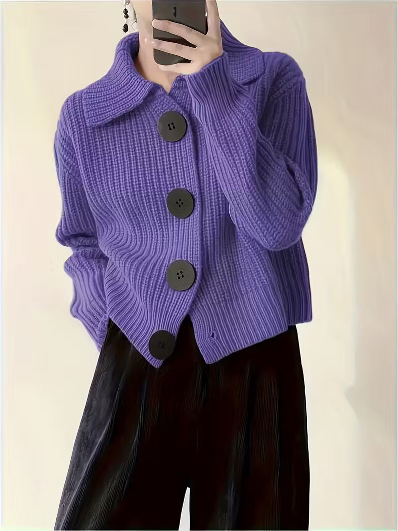 Sigrid Chunky Knit Cardigan – Oversized Button Front Round Neck Ribbed Cuffs – Purple