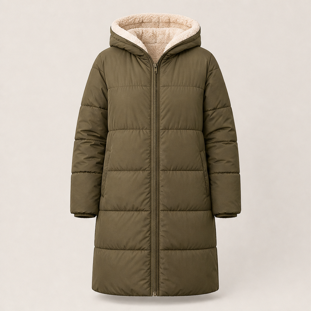 Solenne Reversible Long Puffer – Hooded Quilted Below-Knee Coat – Olive
