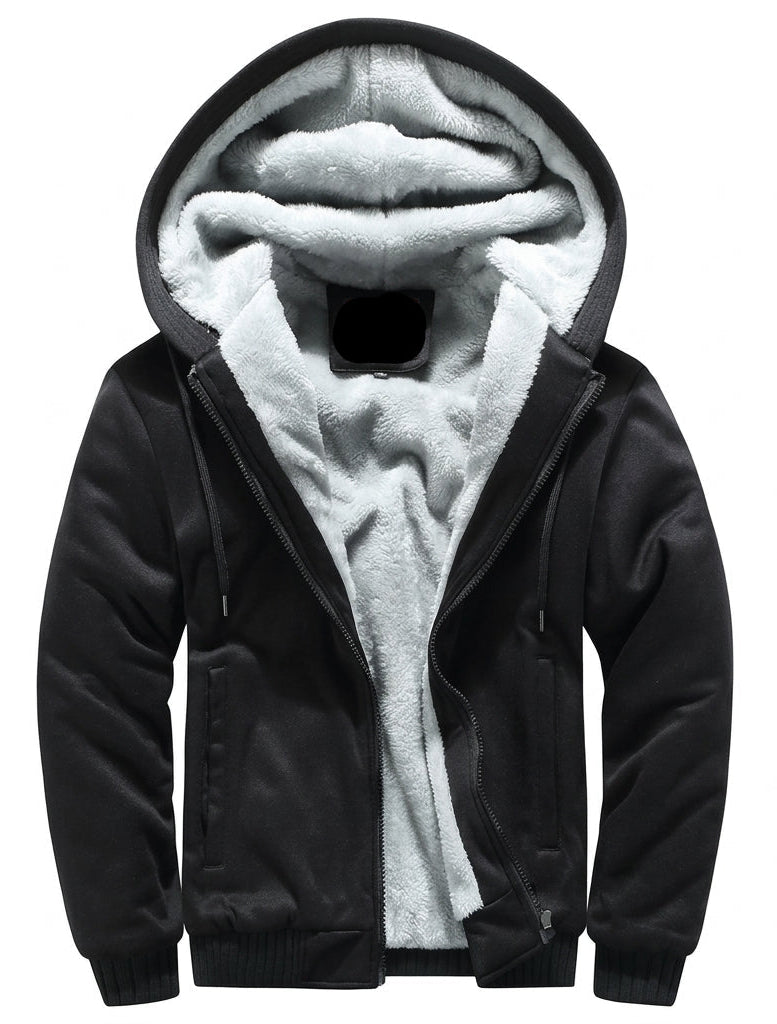 Solveig Plush-Lined Hooded Zip Jacket – Ribbed Cuffs Vertical Pockets Long Sleeve – Black