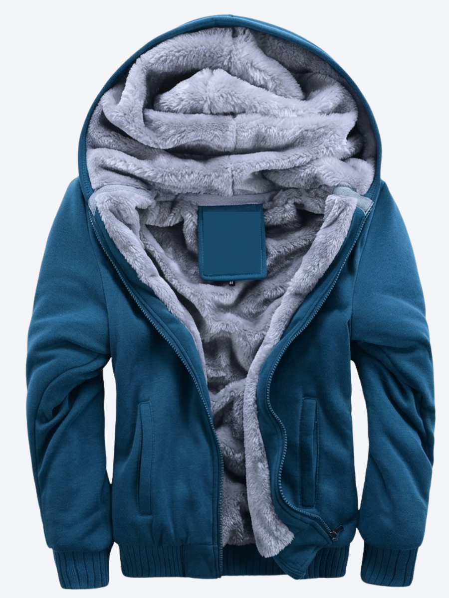 Solveig Plush-Lined Hooded Zip Jacket – Ribbed Cuffs Vertical Pockets Long Sleeve – Blue