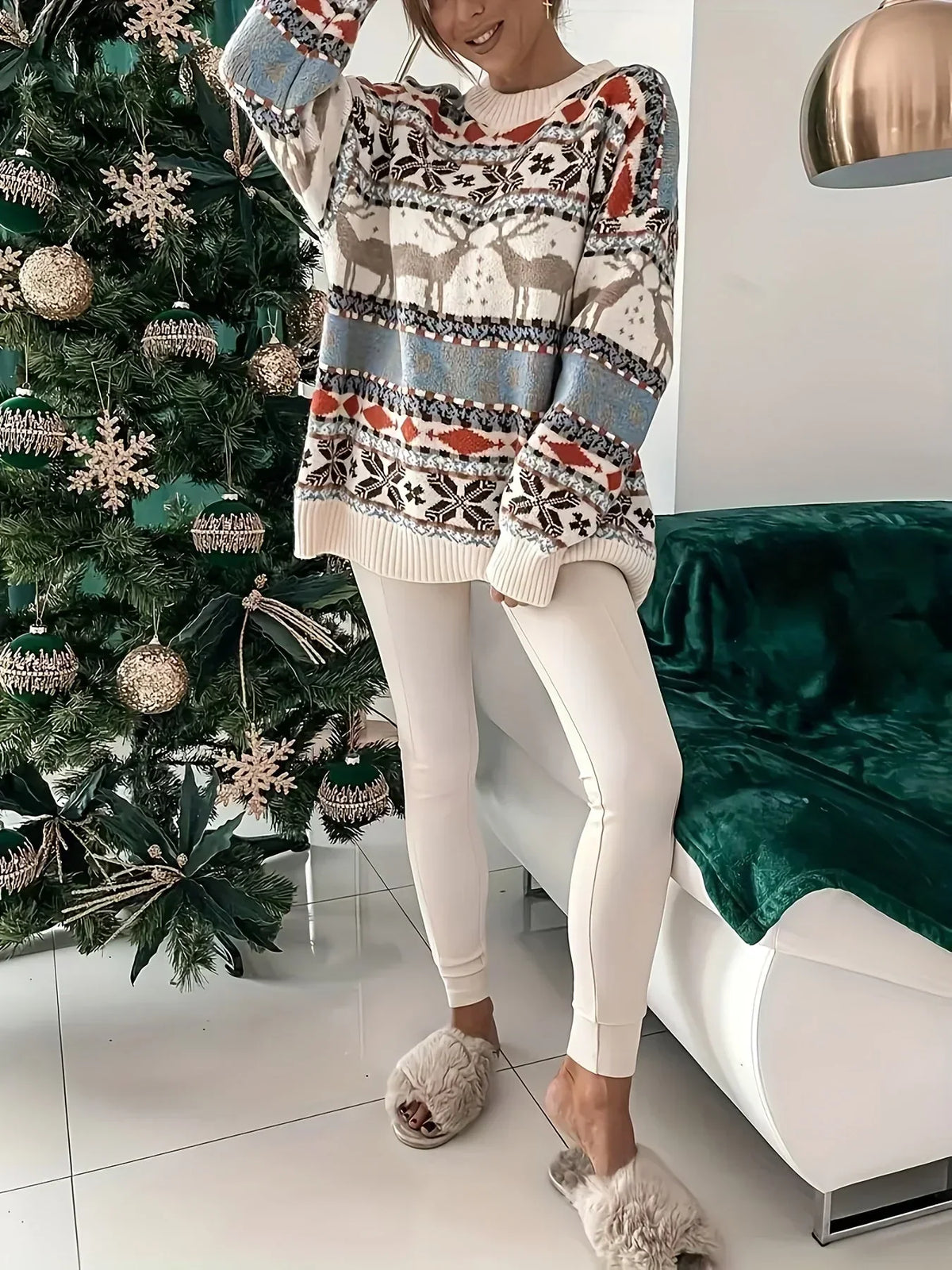 Sunniva Reindeer Nordic Knit Jumper – Women's Oversized Fair Isle Christmas Sweater