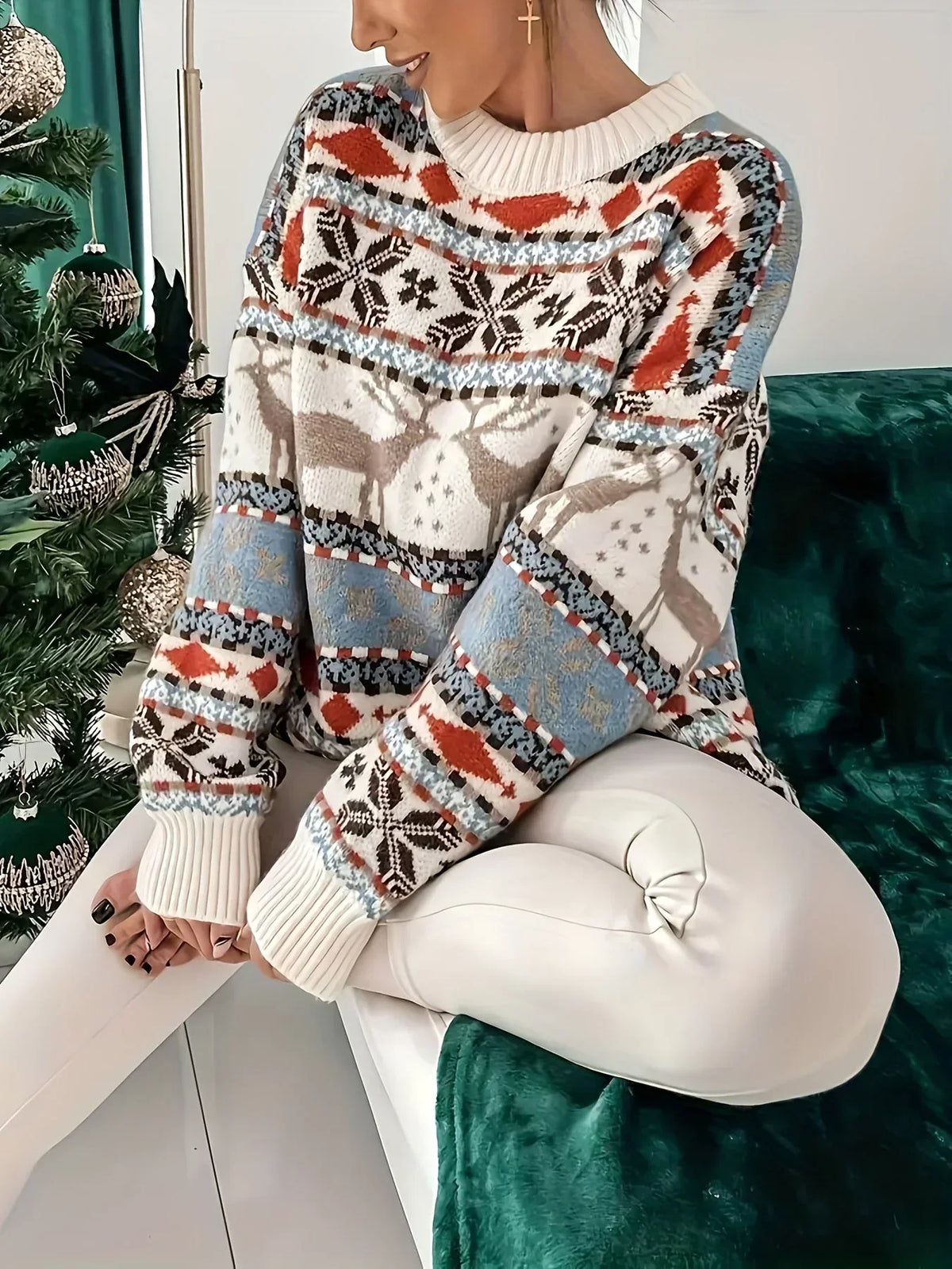 Sunniva Reindeer Nordic Knit Jumper – Women's Oversized Fair Isle Christmas Sweater
