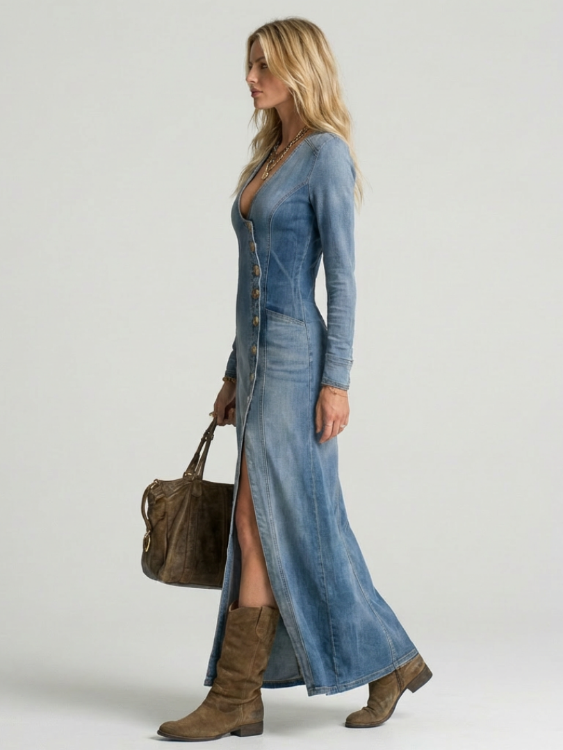 Dorvelli | Women's Maxi Dress – Button Front Denim