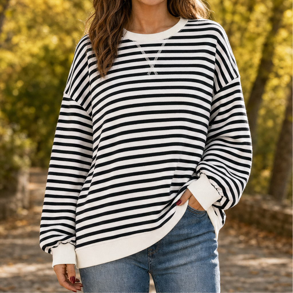 Talia Striped Oversized Sweatshirt – Crew Neck Lantern Sleeve Pullover Black Stripe