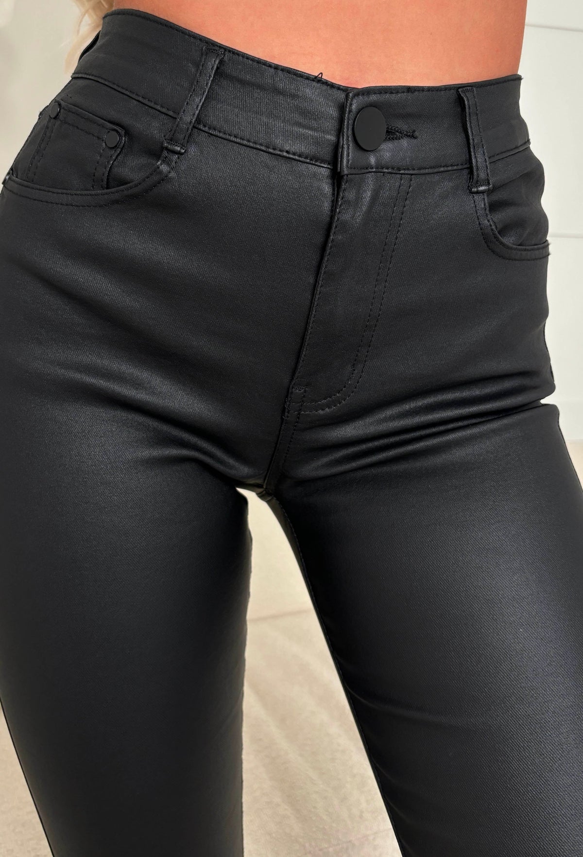 Talulah Coated Skinny Jeans – High Waist Stretch Wet-Look Finish - Black