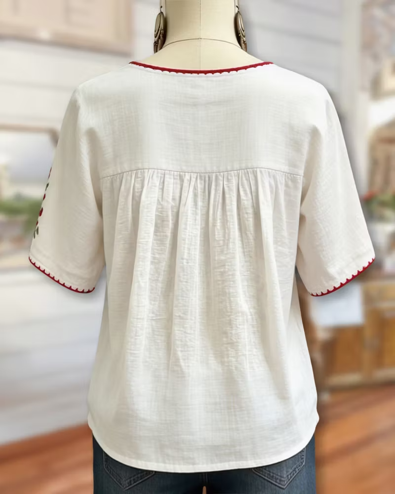 Thalia Floral Embroidered Blouse – Scoop Neck Gathered Yoke Short Sleeve
