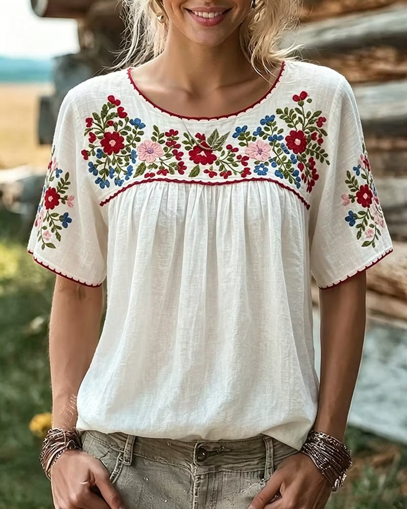 Thalia Floral Embroidered Blouse – Scoop Neck Gathered Yoke Short Sleeve