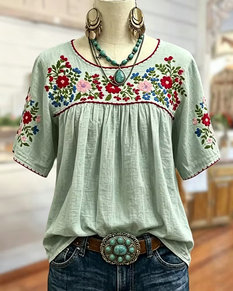Thalia Floral Embroidered Blouse – Scoop Neck Gathered Yoke Short Sleeve – Green