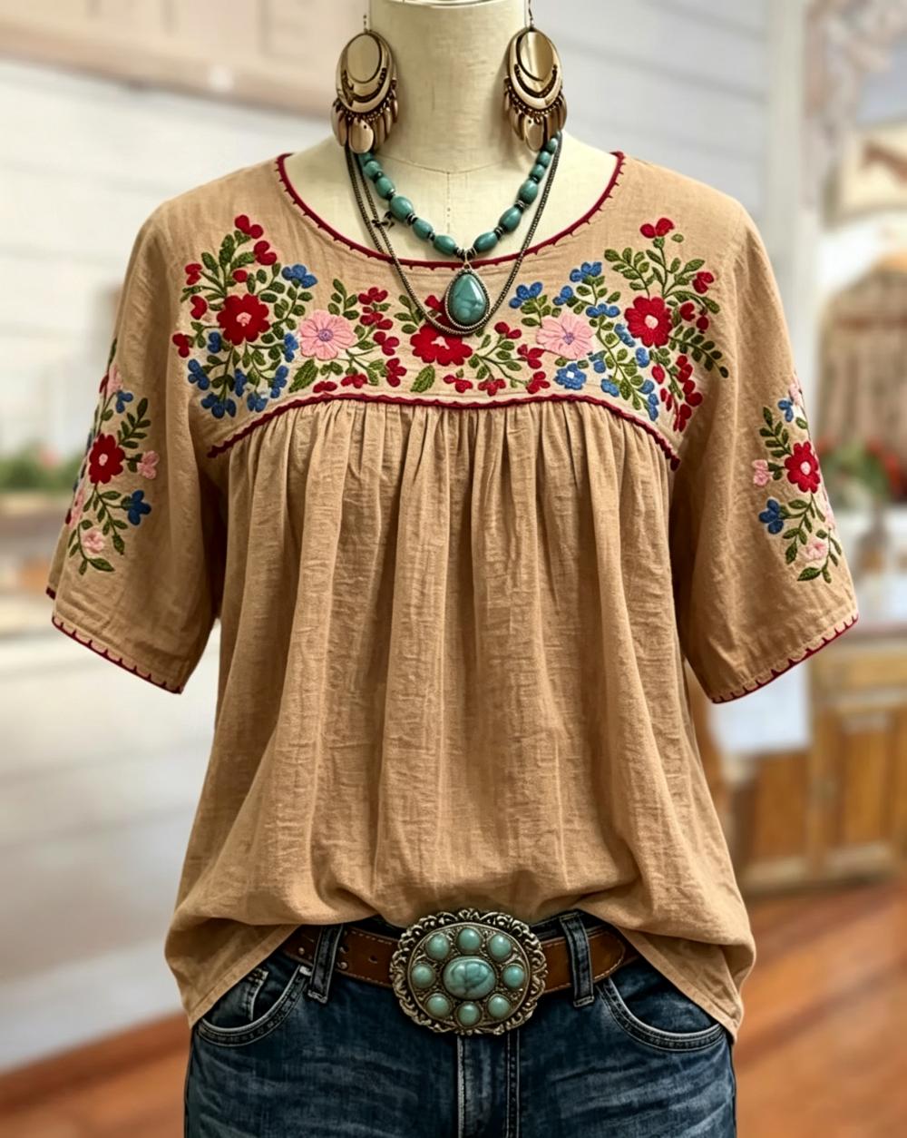 Thalia Floral Embroidered Blouse – Scoop Neck Gathered Yoke Short Sleeve – Khaki