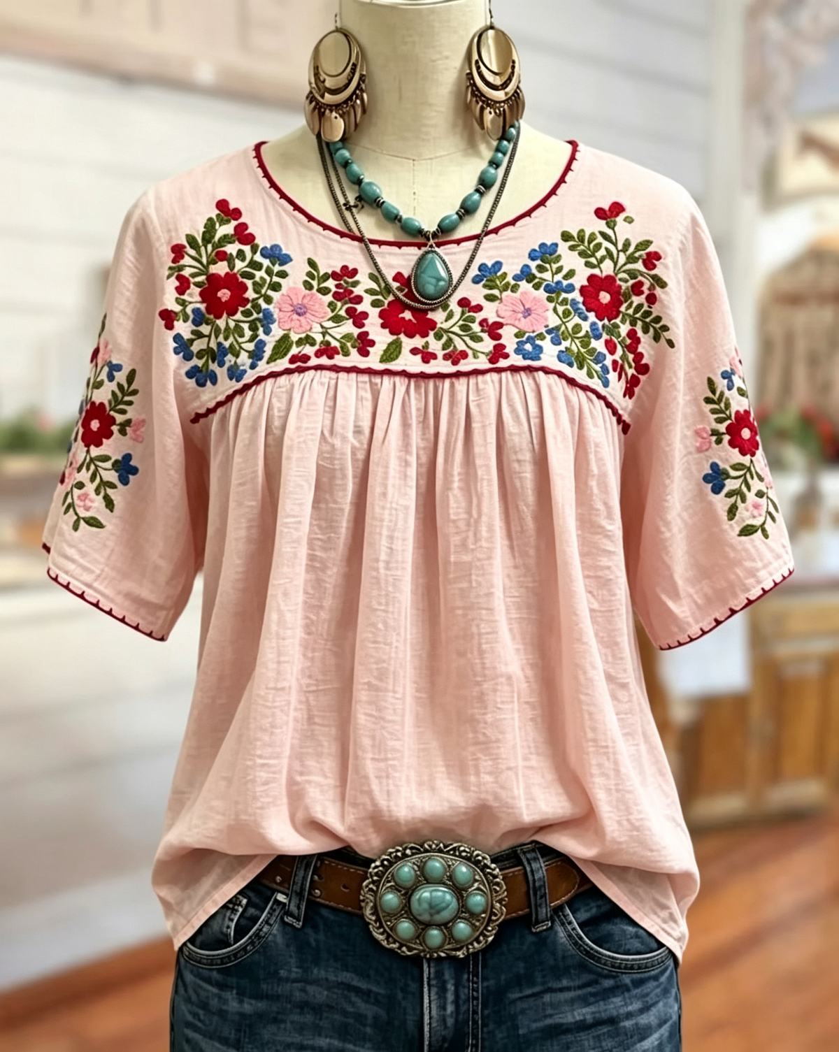 Thalia Floral Embroidered Blouse – Scoop Neck Gathered Yoke Short Sleeve – Pink