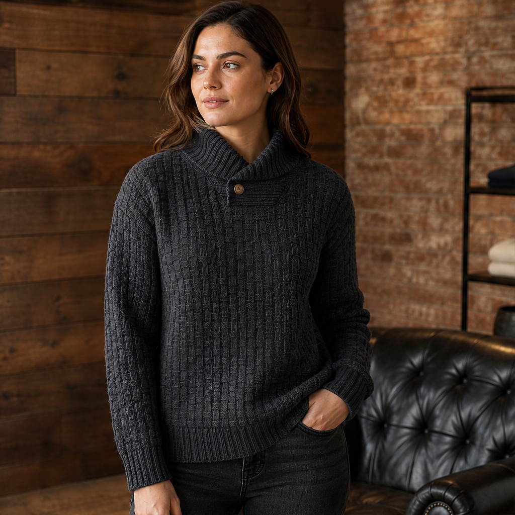 Thea Shawl Collar Jumper – Textured Knit Button Neck Pullover